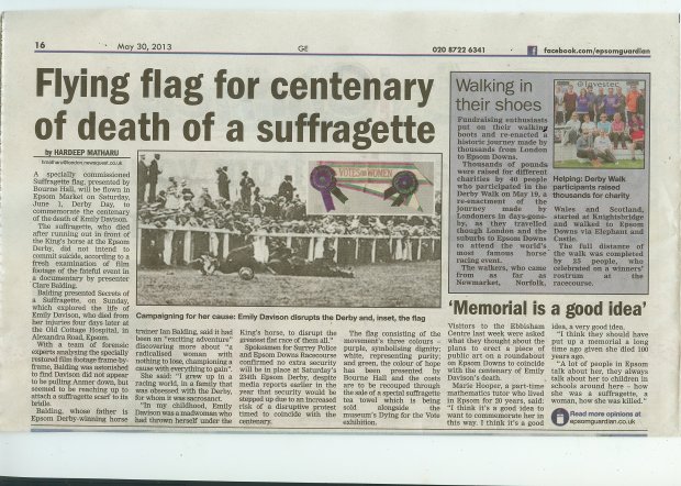 David Zell 31.5.13 "Flying flag for centenary of suffragette" 